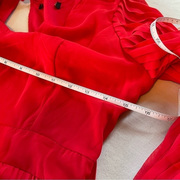 Japna Dress Red Sheer Mini Size S Long Sleeve Pleated - Picture 4 of 6